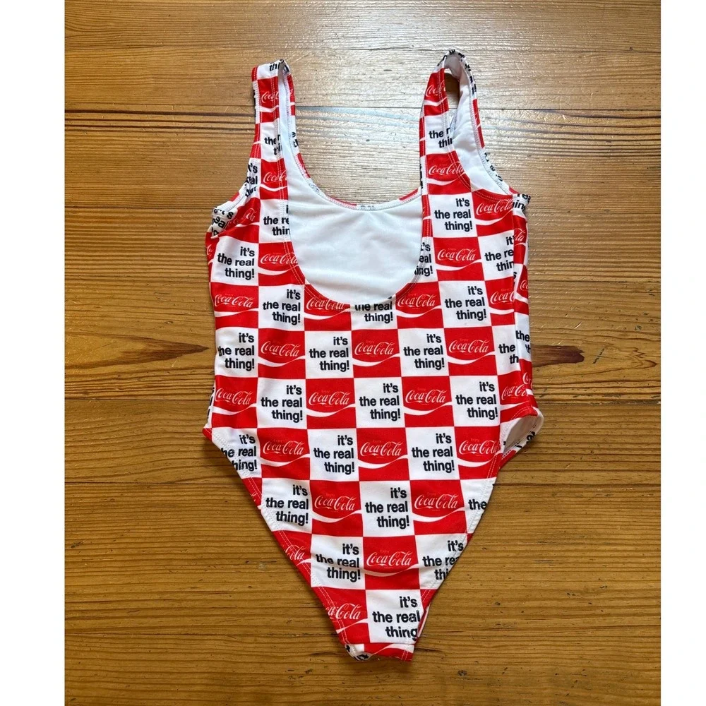 Coca-Cola One Piece Swimsuit Womens Red White‎ Checkered Retro Graphic SIZE S